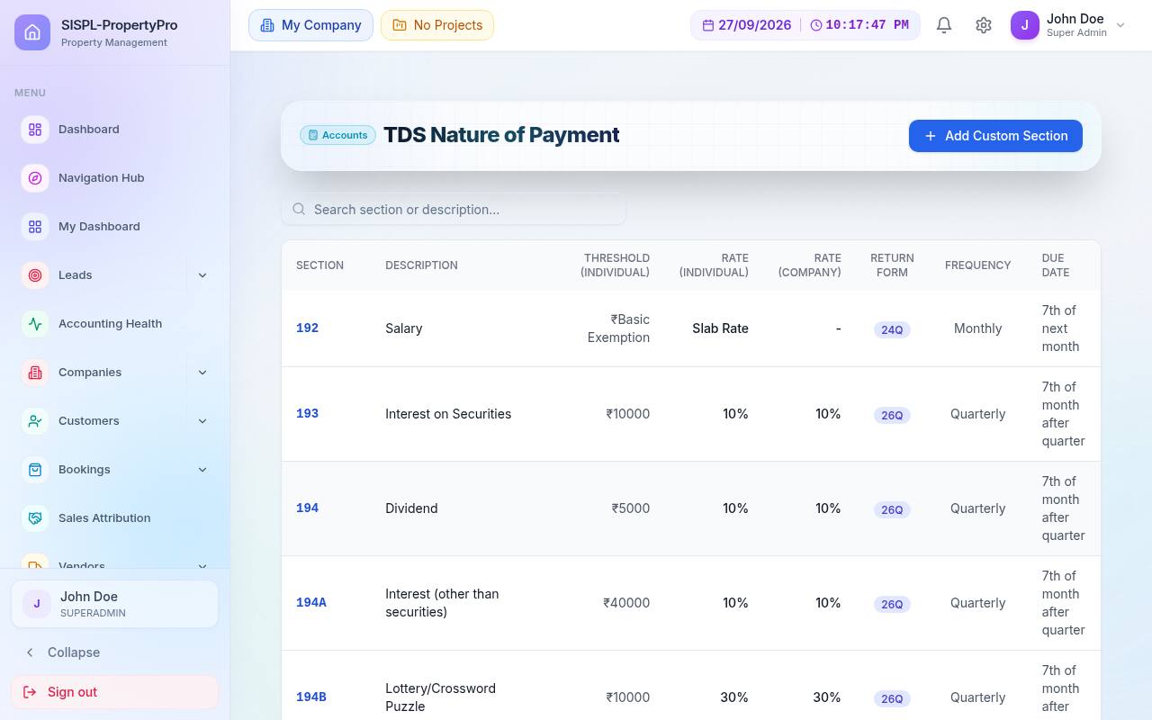 TDS nature of payment master