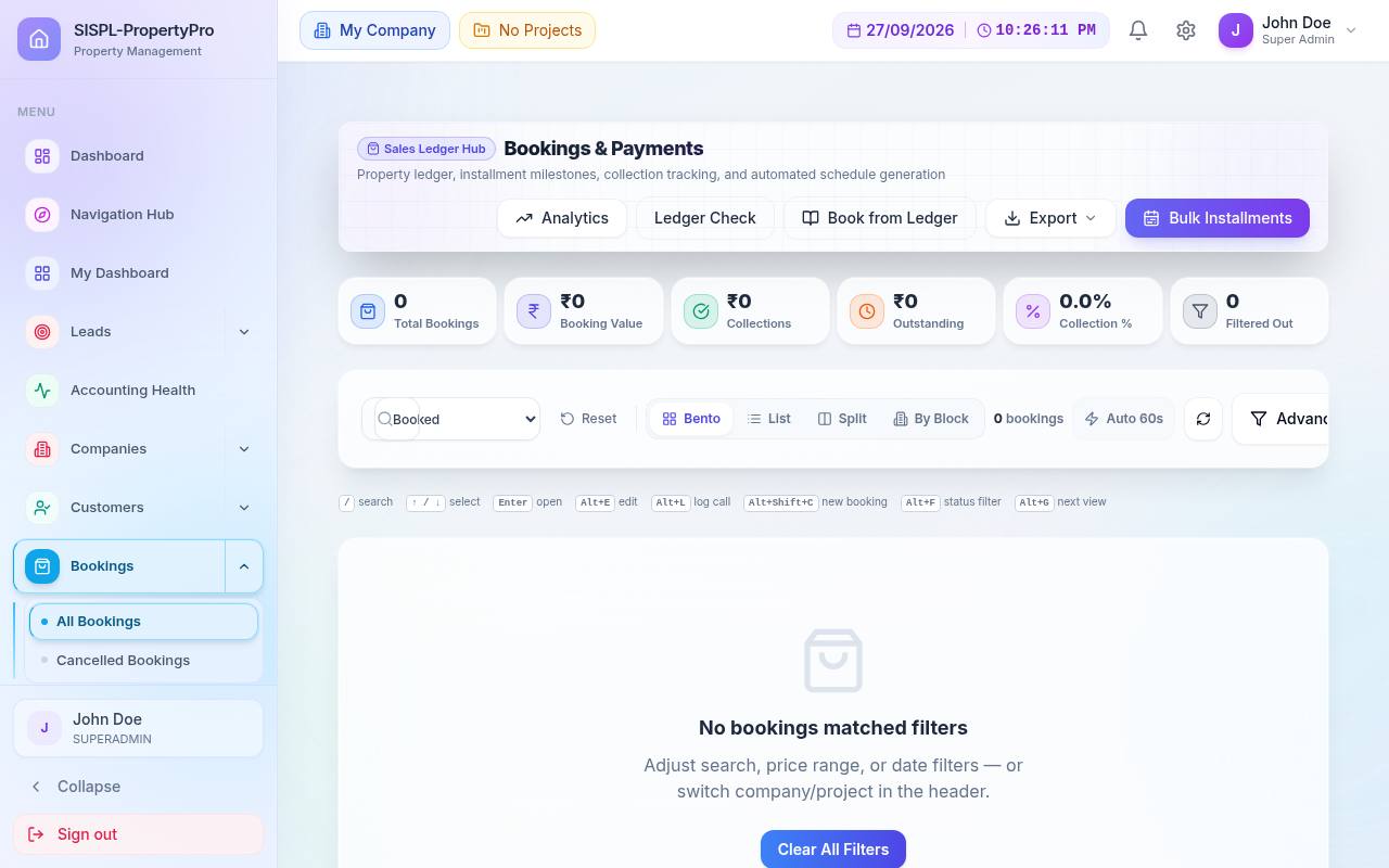 Bookings and payments list with KPI tiles and filters