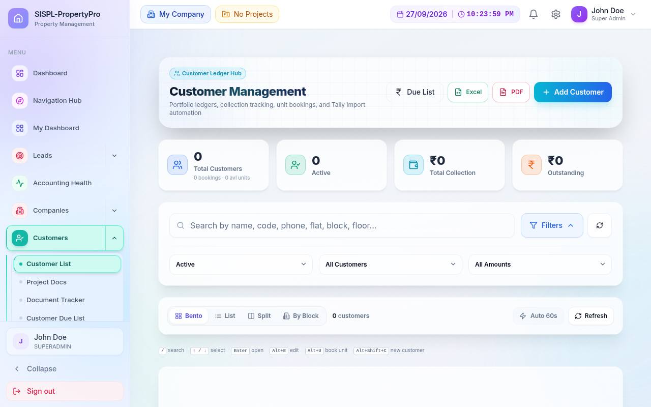 Customer management list with tiles and filters