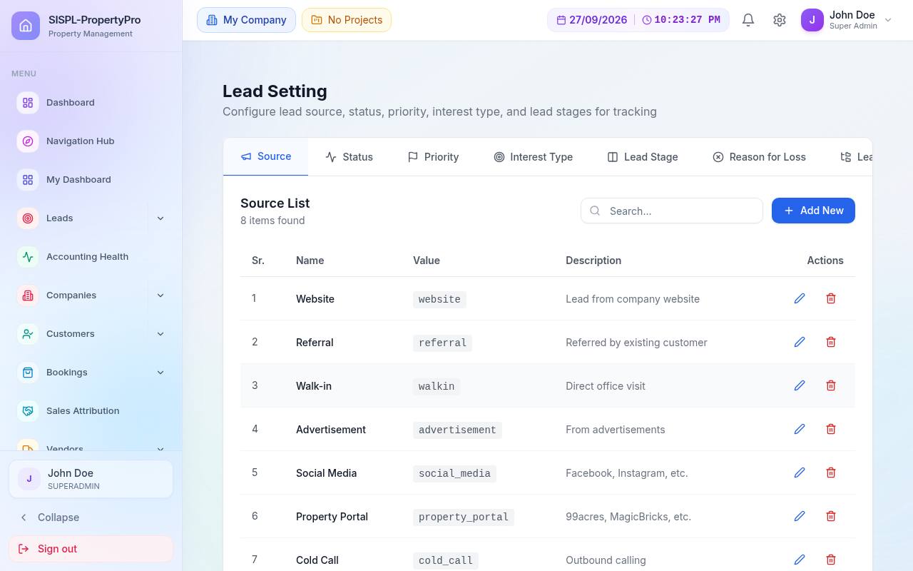 Lead settings with source list