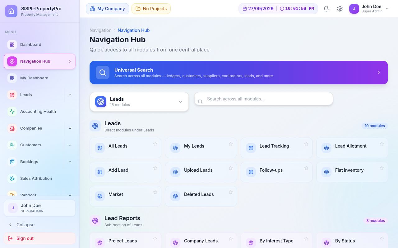 Navigation Hub with universal search and module tiles