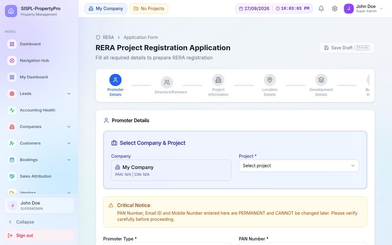 RERA project registration application wizard