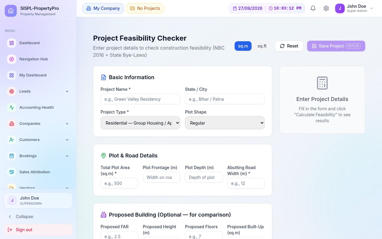 Project feasibility checker with plot, road and building inputs